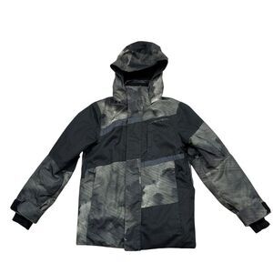 Boys Obermeyer Rebel Ski Jacket Black‎ and Grey Print With Hood Size Small